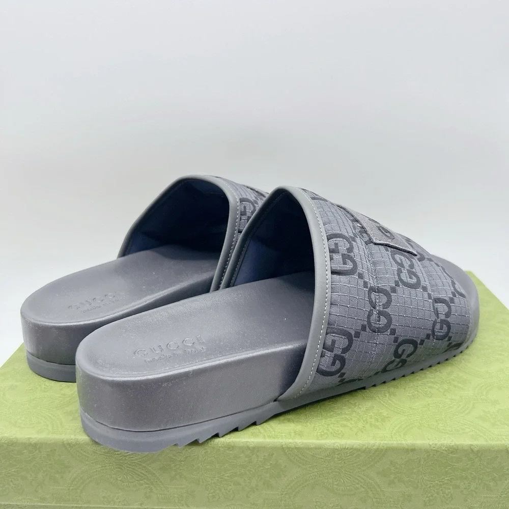 GUCCI Mens GG LOGO Ripstop Monogram Gray Slides Sandals 771466 Men UK 12 US 12.5